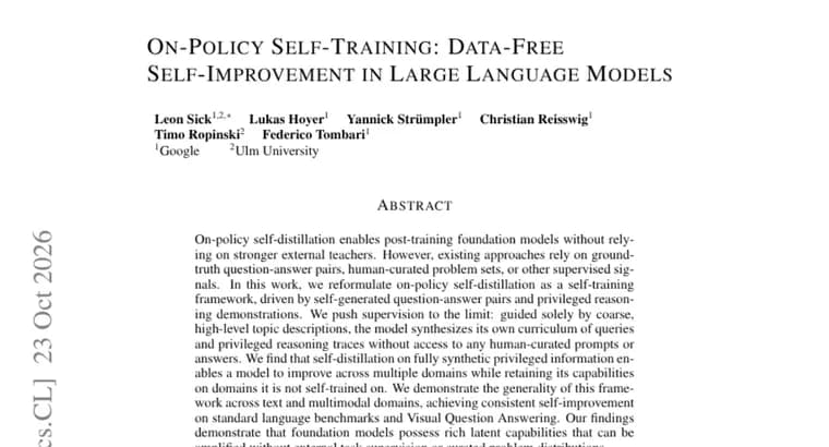 Paper proposes on-policy self-training that lets LLMs improve with no human data