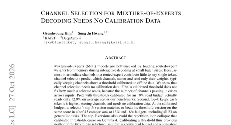Paper: MoE channel selection needs no calibration data, top-k beats thresholds