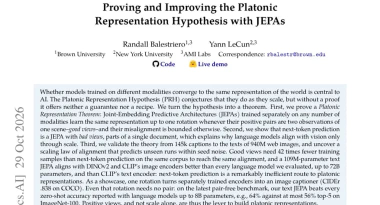 Paper proves Platonic Representation Hypothesis for JEPAs