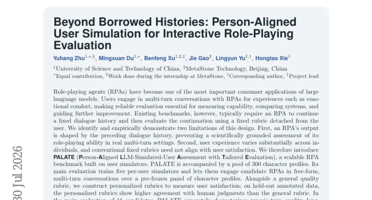 PALATE benchmark judges role-playing AI agents with simulated users, not scripts