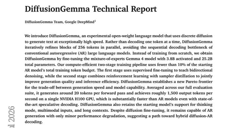 DiffusionGemma generates 1,500 tokens per second via parallel diffusion