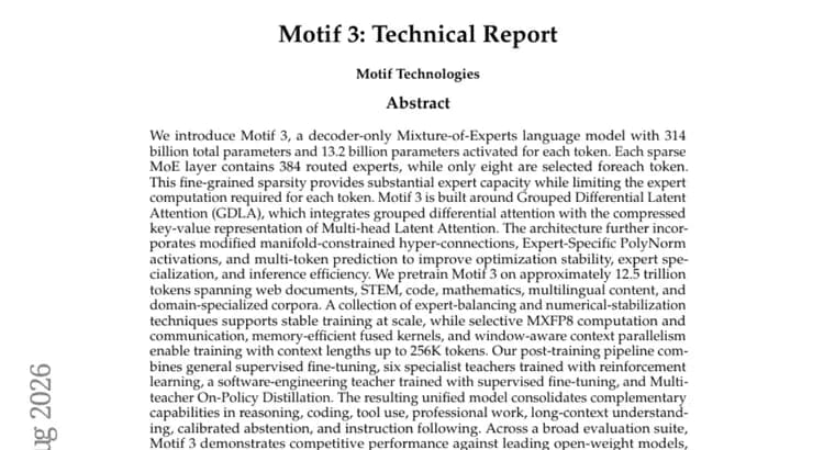 Motif 3 debuts as a 314B-parameter MoE model with new GDLA attention