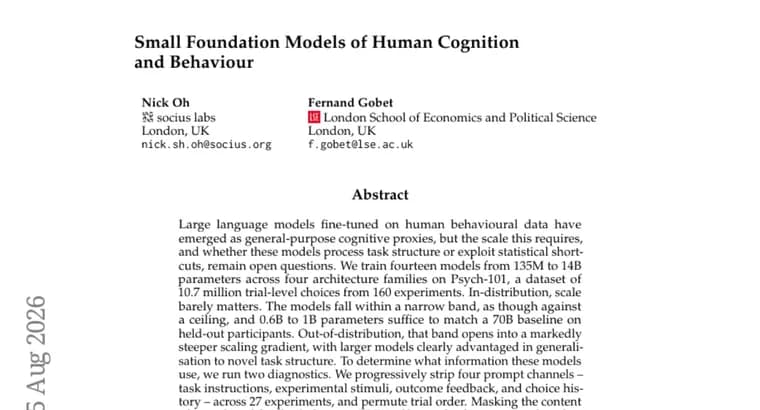 Small models fine-tuned on Psych-101 match a 70B baseline in-distribution