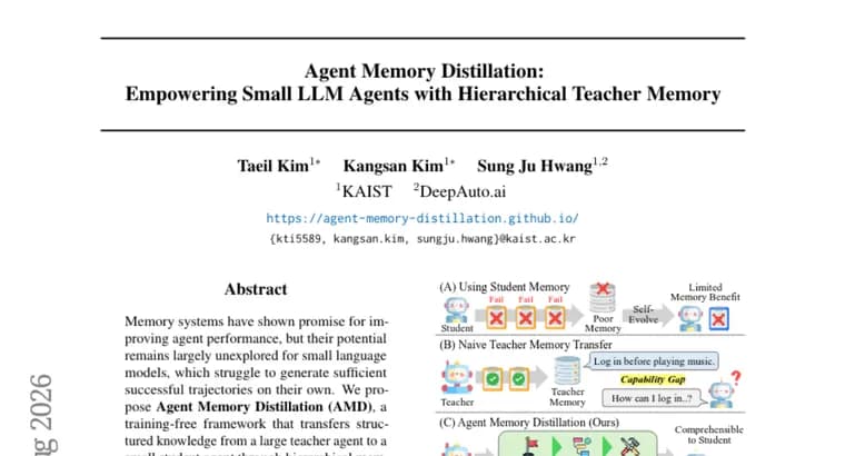 Agent Memory Distillation lifts small LLM agents by up to 27.2%p on tool use
