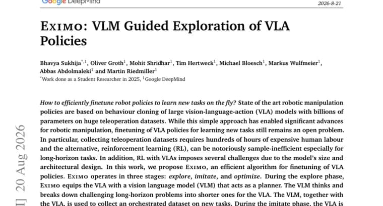 EXIMO uses a VLM planner to speed up VLA robot policy finetuning