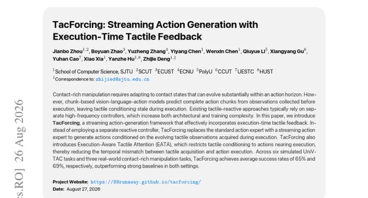 TacForcing generates robot actions from execution-time tactile feedback