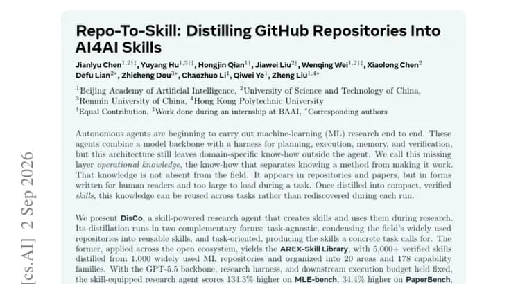 DisCo distills GitHub repos into skills, lifts ML agents 134% on MLE-bench