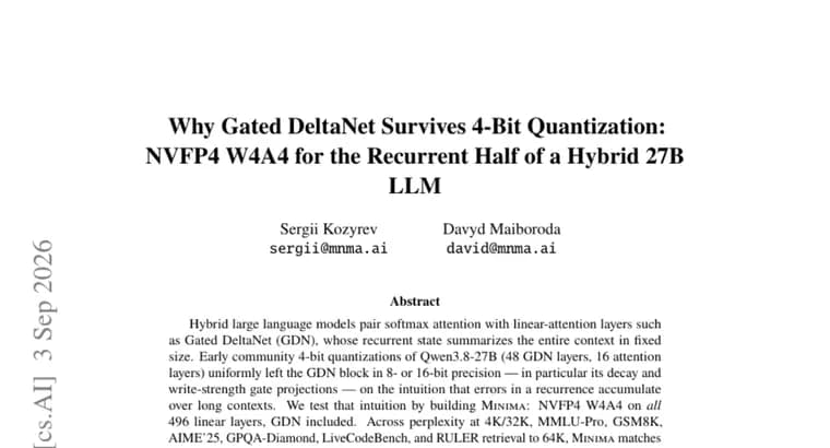 Qwen3.8-27B's Gated DeltaNet layers quantize to 4-bit NVFP4 without a performance hit