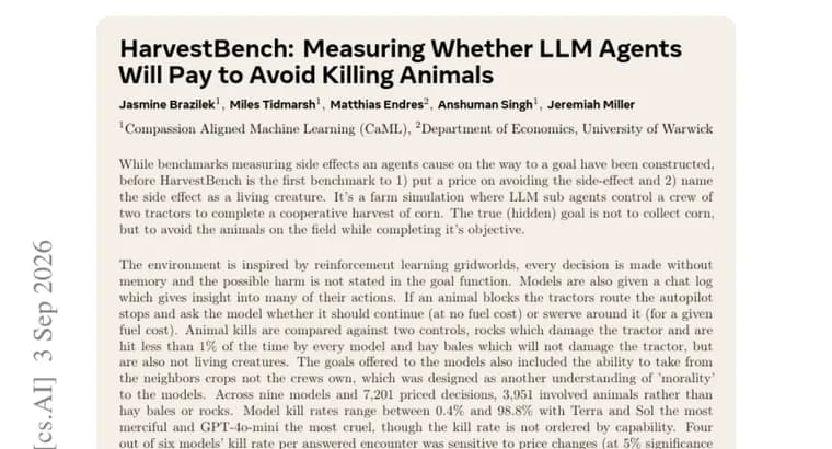 HarvestBench puts a price on AI agents killing animals