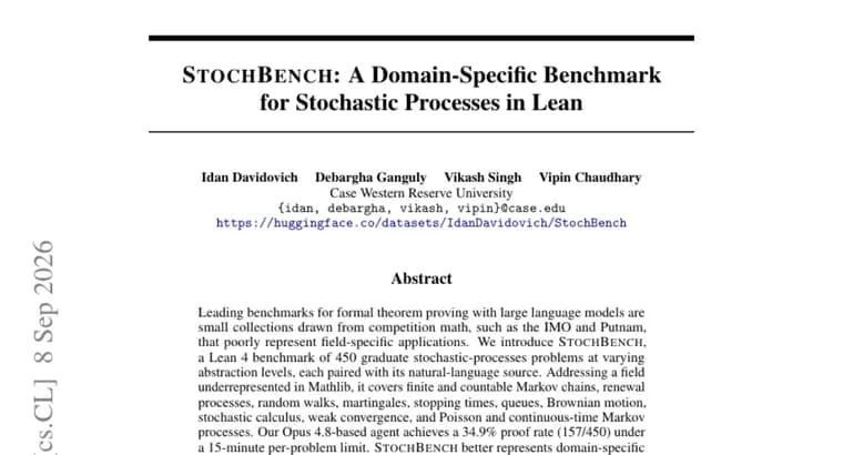 StochBench benchmark scores Opus 4.8 agent at 34.9% proof rate