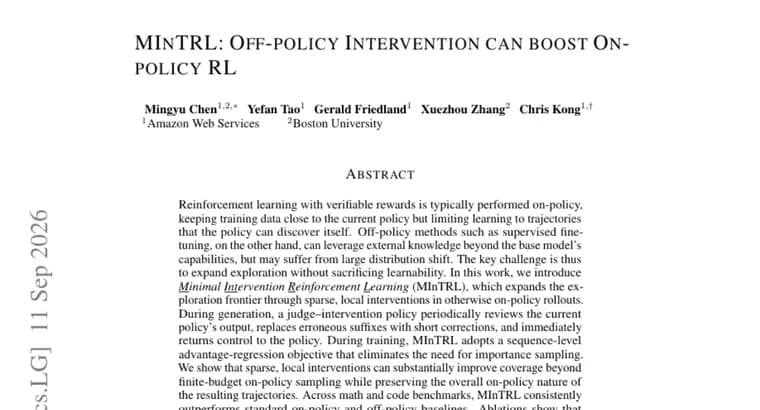 MInTRL boosts on-policy RL with off-policy interventions