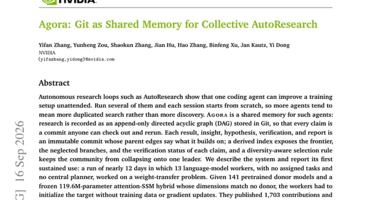 Agora: shared Git memory lets 13 AI agents close 62% of a training gap