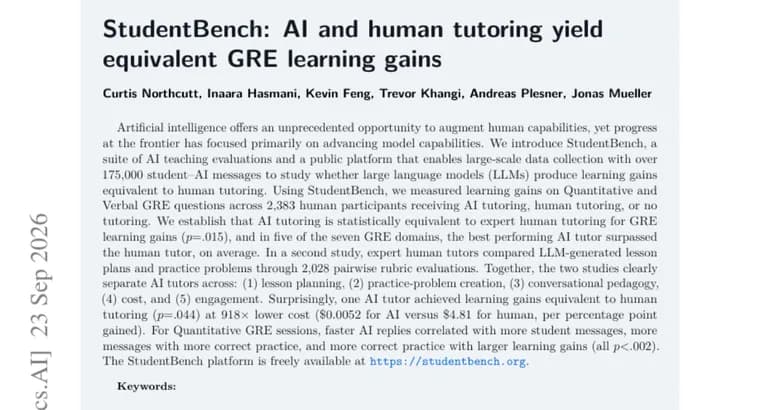 StudentBench study finds AI tutoring matches expert humans on GRE gains