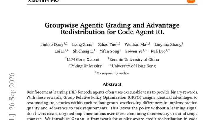 GAGAR paper: agentic grader ranks passing code, reweights RL rewards