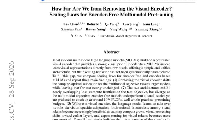 Paper predicts encoder-free multimodal LLMs catch up at about 10^22 FLOPs