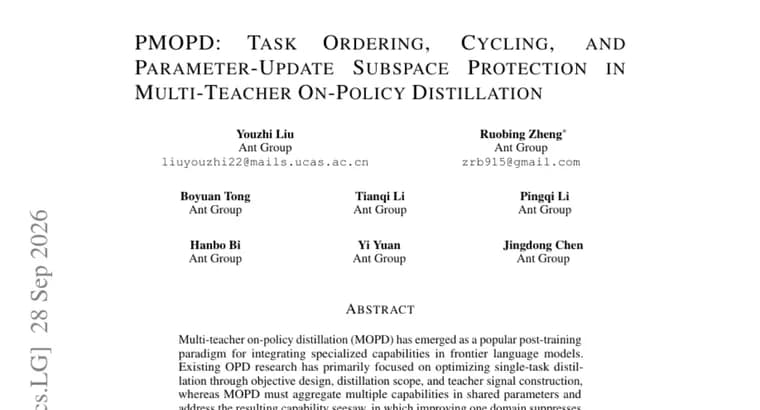 PMOPD protects task subspaces in multi-teacher distillation, beating MOPD on Qwen2.5-7B and Llama-3.1-8B