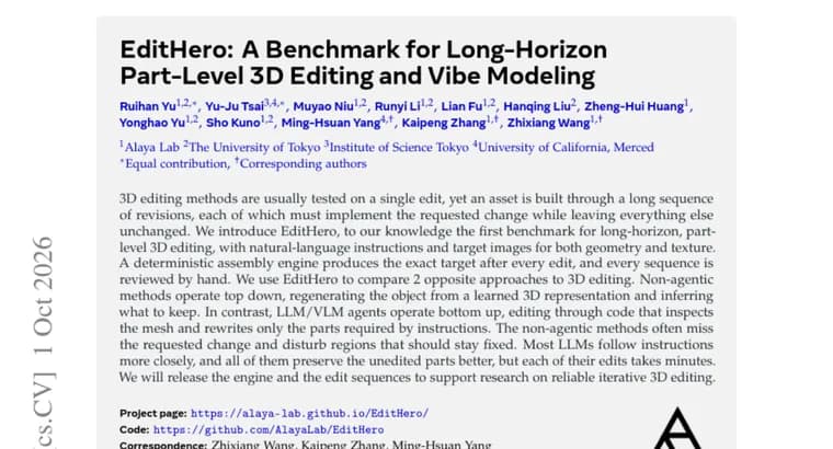 EditHero benchmark: LLM agents keep unedited 3D parts intact but take minutes per edit