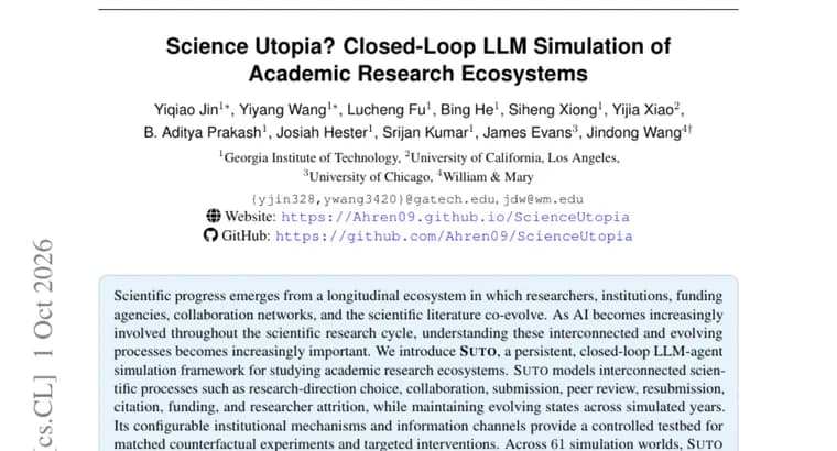 SciUtopia simulates academic research with LLM agents across 61 worlds