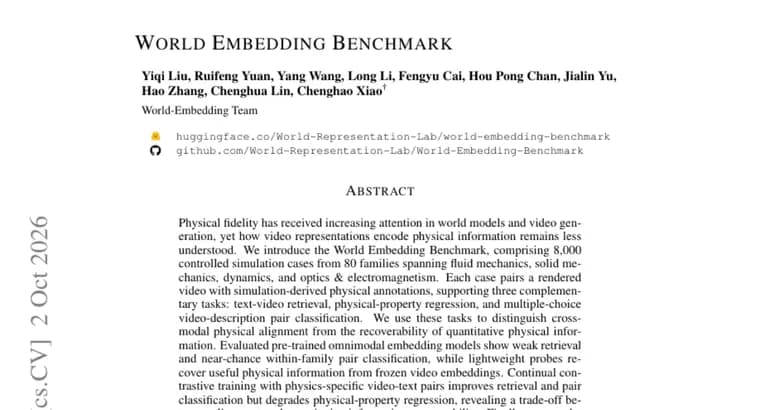 World Embedding Benchmark tests how video embeddings encode physics