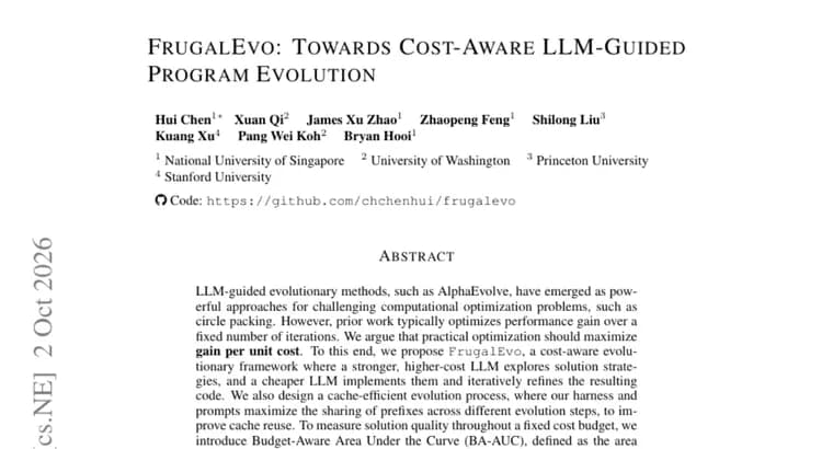 FrugalEvo pairs a strong and a cheap LLM to cut the cost of program evolution