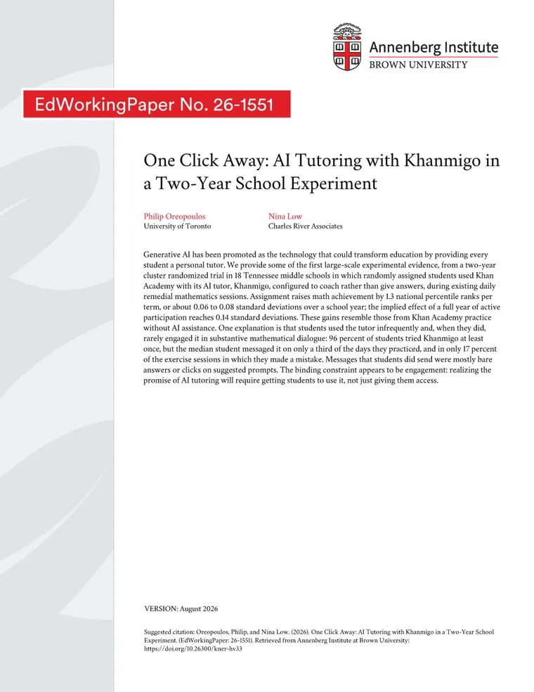 Khanmigo AI tutor gives modest math gains in two-year Tennessee trial
