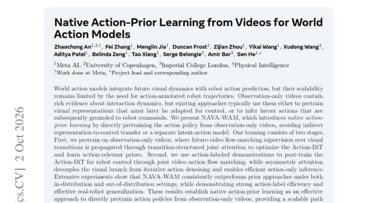 NAVA-WAM pretrains a robot action policy on videos without action labels