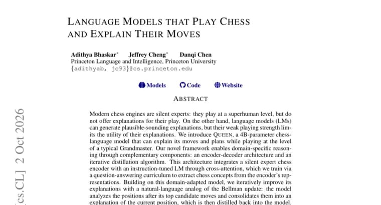 Queen, a 4B chess language model, explains its moves at Grandmaster level