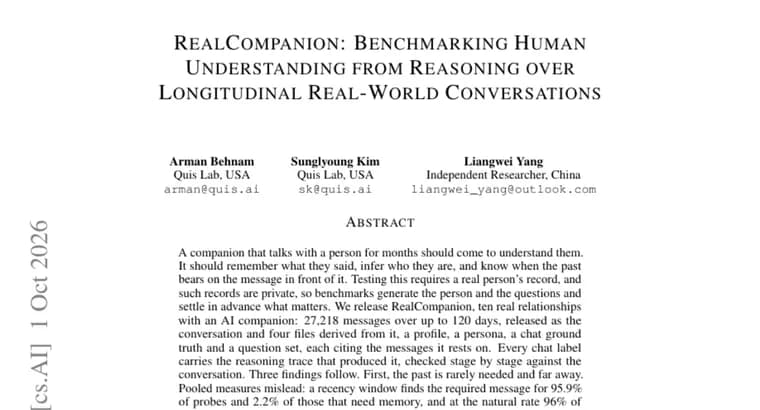 RealCompanion benchmark finds AI companions rarely need past messages