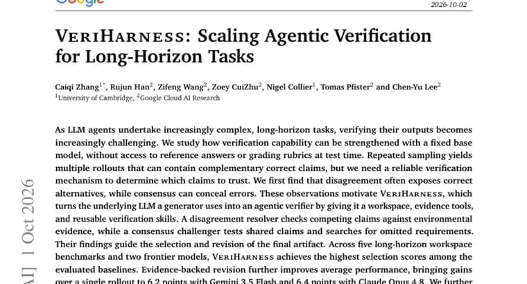 VeriHarness turns an LLM into its own verifier for long-horizon agent tasks