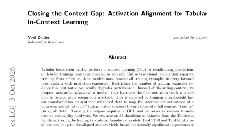 Activation alignment lets tabular models TabPFN-3 and TabFM close much of the gap with less context