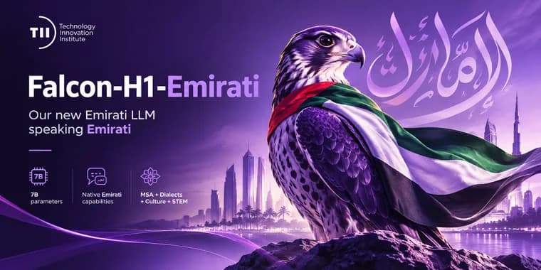 Falcon-Emirati-7B adapts Falcon-H1-Arabic to Emirati dialect, scores 84.83% on Alyah