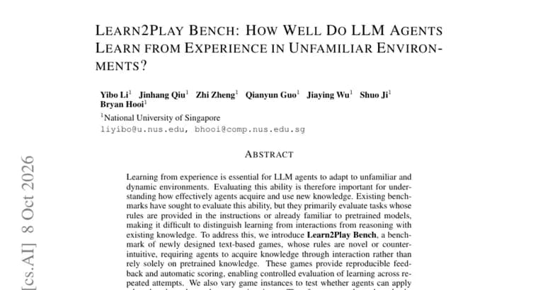 Learn2Play Bench tests whether LLM agents learn from experience in new text games