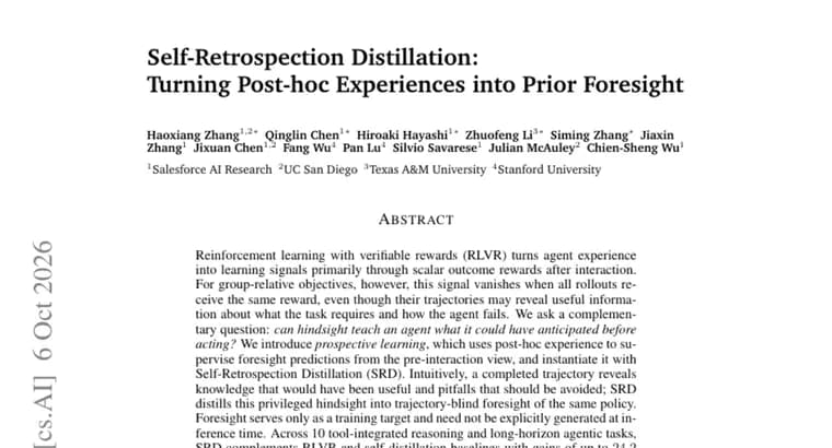 Self-Retrospection Distillation lifts RLVR agents by up to 24.2 pp
