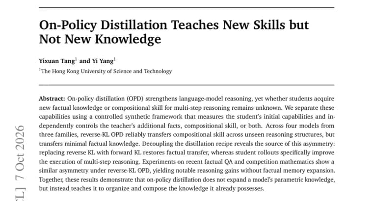 On-policy distillation teaches reasoning skill, not new facts, paper finds