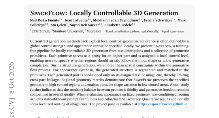 SpaceFlow generates 3D objects with per-part control levels, no training