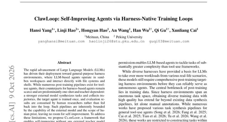 ClawLoop trains harness-based LLM agents to self-improve without a teacher model