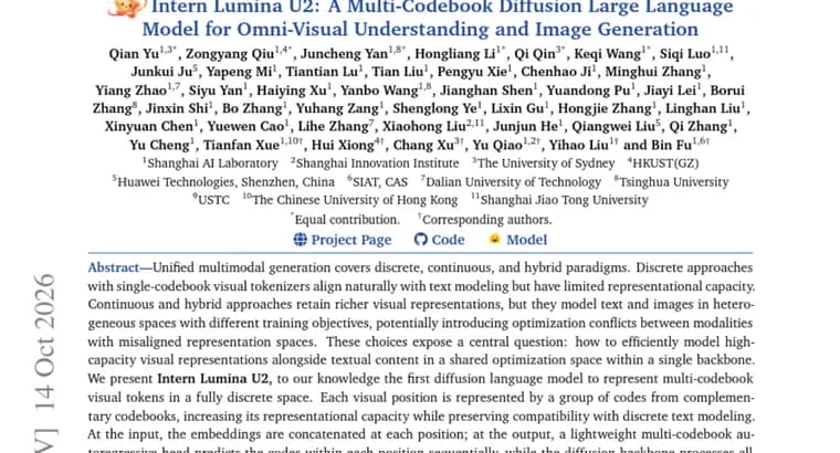 Intern Lumina U2 uses multi-codebook visual tokens in a diffusion language model