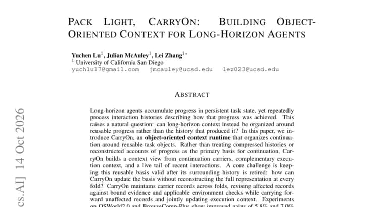 CarryOn organizes long-horizon agent context around task objects, not histories