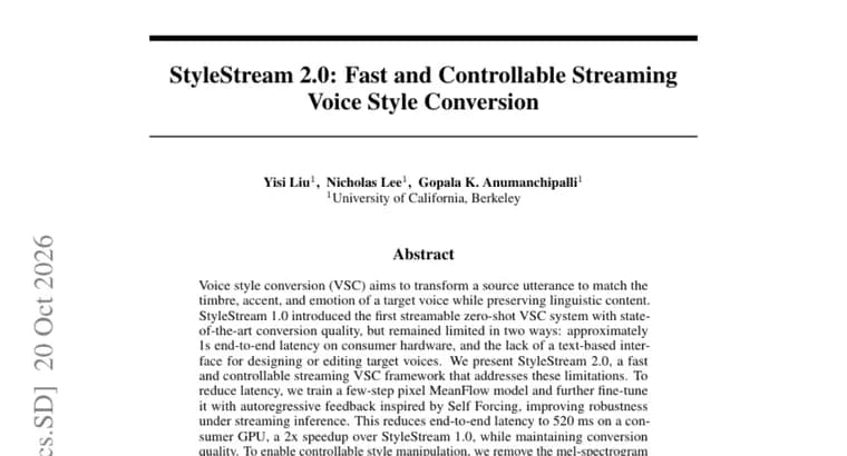 StyleStream 2.0 cuts streaming voice conversion latency to 520 ms