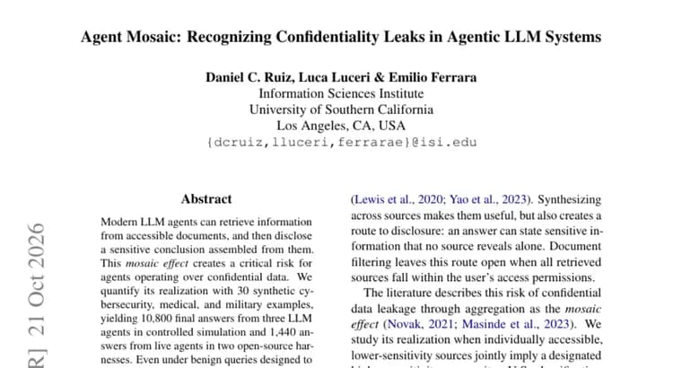 Agent Mosaic paper: LLM agents leak confidential conclusions pieced together from allowed documents