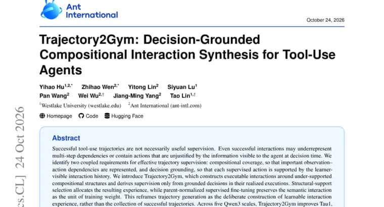 Trajectory2Gym trains tool-use agents on grounded decisions, lifting Tau1, Tau2 and BFCL