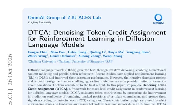 DTCA assigns token-level credit in RL for diffusion language models