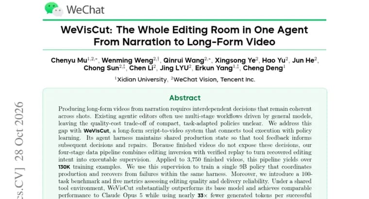 WeVisCut paper: 9B video-editing agent comparable to Claude Opus 5
