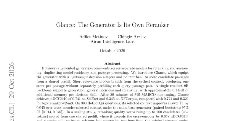 Glance lets one 9B RAG generator rerank its own passages